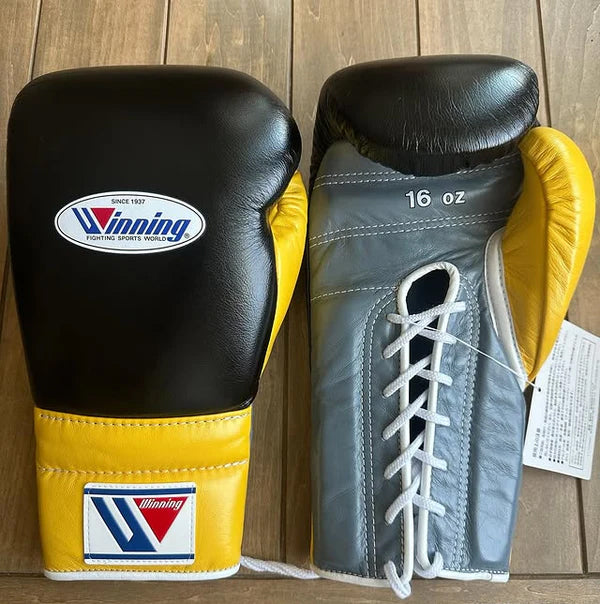 Winning Boxing Gloves Black/Grey/Yellow – Lace-Up