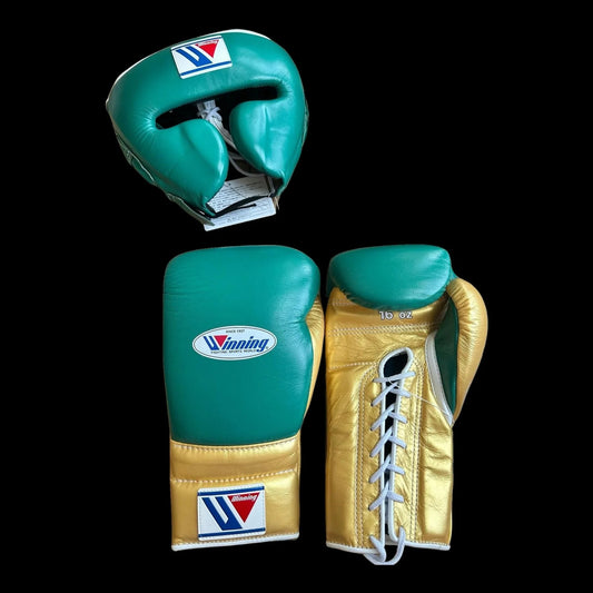 Winning Boxing Gloves Set, Winning Boxing Glove, Winning Face Protector, Head Guard - Green Golden