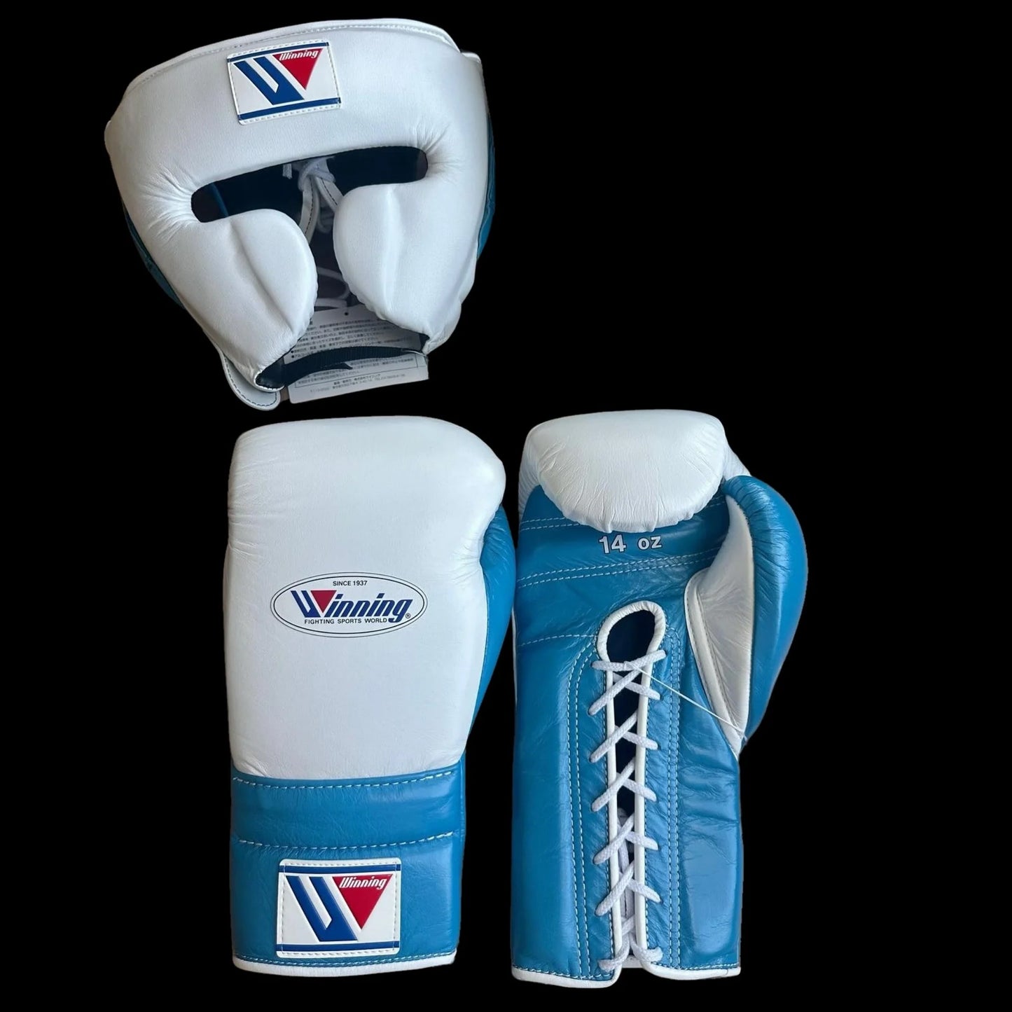 Winning Boxing Gloves Set, Winning Boxing Glove, Winning Face Protector, Head Guard - White Blue