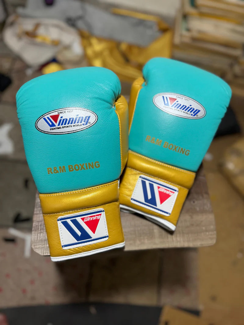 Winning Boxing Gloves Teal/Gold – Lace-Up