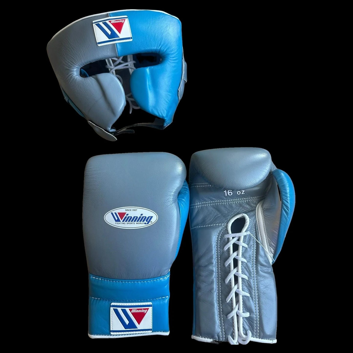 Winning Boxing Gloves Set, Winning Boxing Glove, Winning Face Protector, Head Guard - Grey/Blue