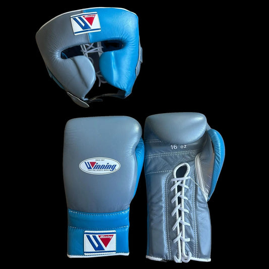 Winning Boxing Gloves Set, Winning Boxing Glove, Winning Face Protector, Head Guard - Grey/Blue