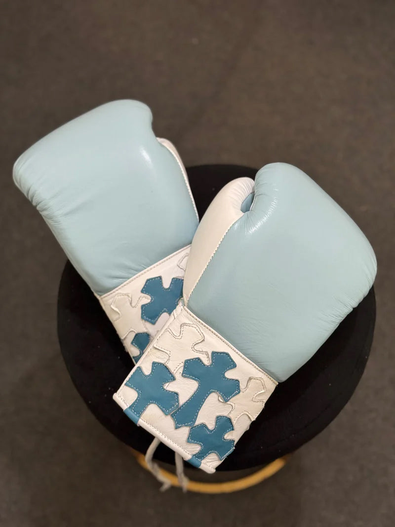 Winning Boxing Gloves Teal White – Chrome Heart Style Lace-Up