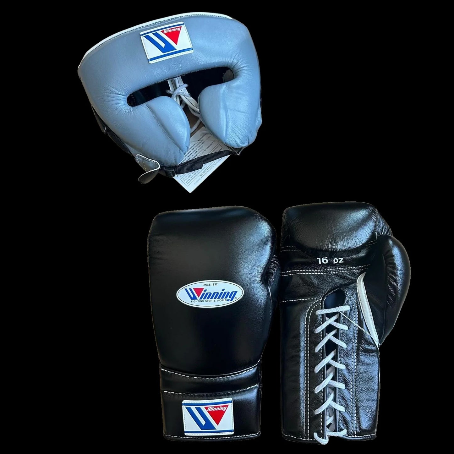 Winning Boxing Gloves Set, Winning Boxing Glove, Winning Face Protector, Head Guard - Black Grey