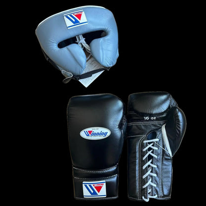 Winning Boxing Gloves Set, Winning Boxing Glove, Winning Face Protector, Head Guard - Black Grey