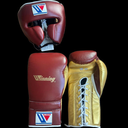 Winning Boxing Gloves Set, Winning Boxing Glove, Winning Face Protector, Head Guard - Burgandy Golden