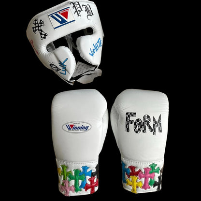Winning Boxing Gloves Set, Winning Boxing Glove, Winning Face Protector, Head Guard - White Chrome
