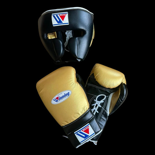 Winning Boxing Gloves Set, Winning Boxing Glove, Winning Face Protector, Head Guard - Black/Golden