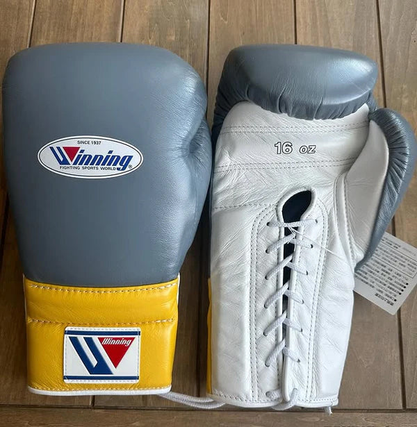 Winning Boxing Gloves Grey/White/Yellow – Lace-Up
