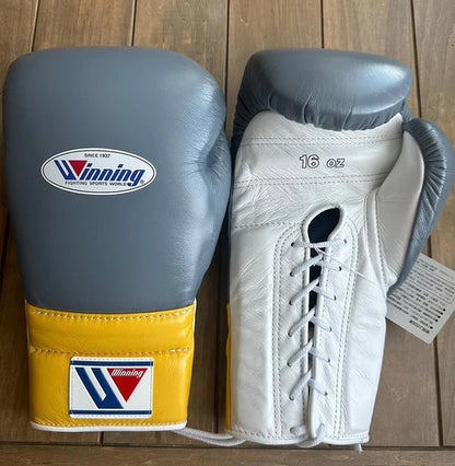 Winning Boxing Gloves Grey/White/Yellow – Lace-Up