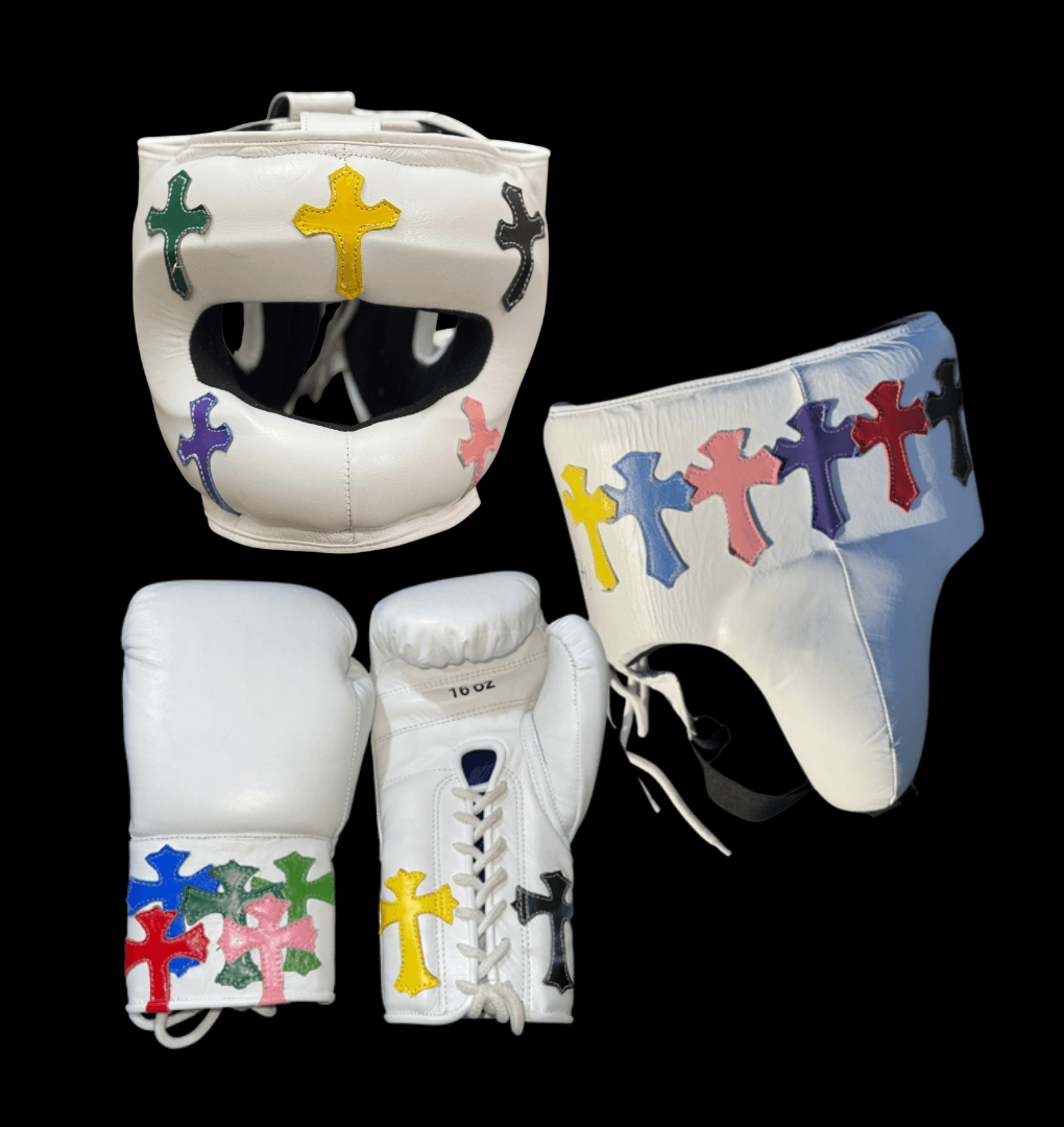 Winning Boxing Equipment Bundle Professional Gloves Headguard Groin Guard for Training and Competition | White