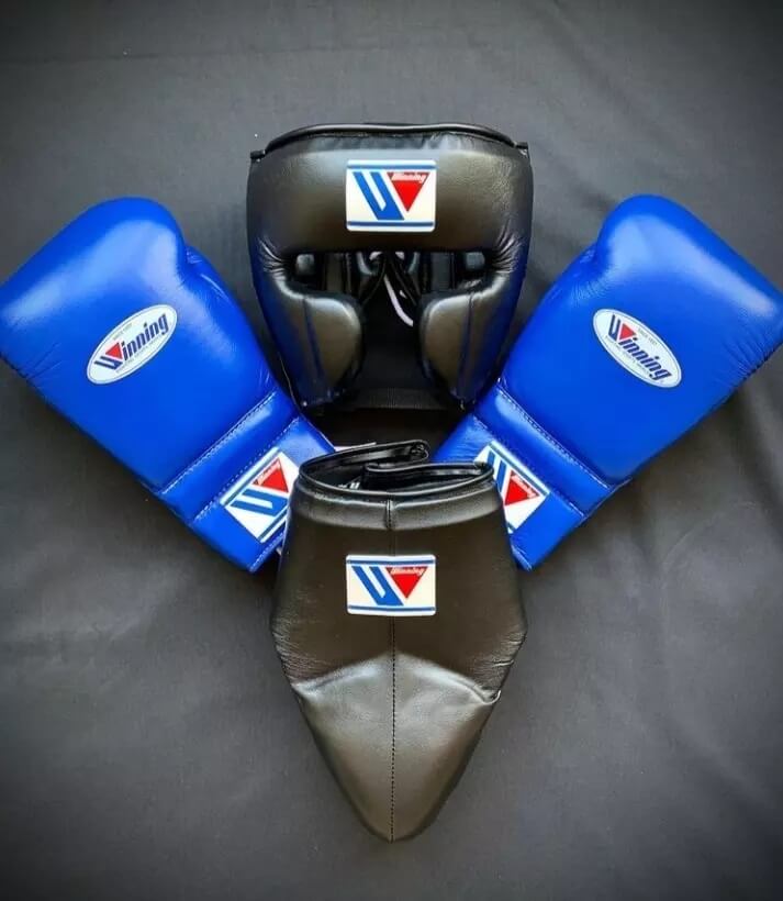 Winning Boxing Gear Set Professional Fight Gloves Headguard Groin Guard for Sparring and Training | Blue/Black
