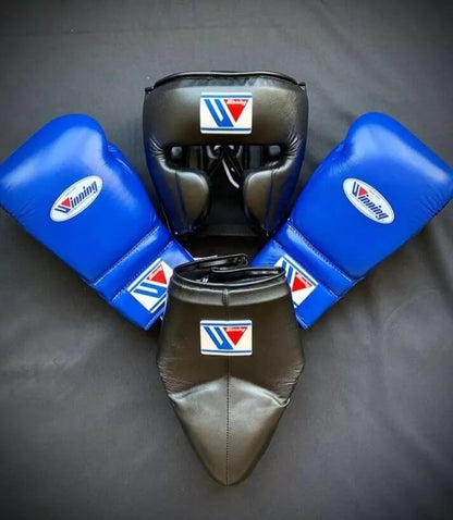 Winning Boxing Gear Set Professional Fight Gloves Headguard Groin Guard for Sparring and Training | Blue/Black