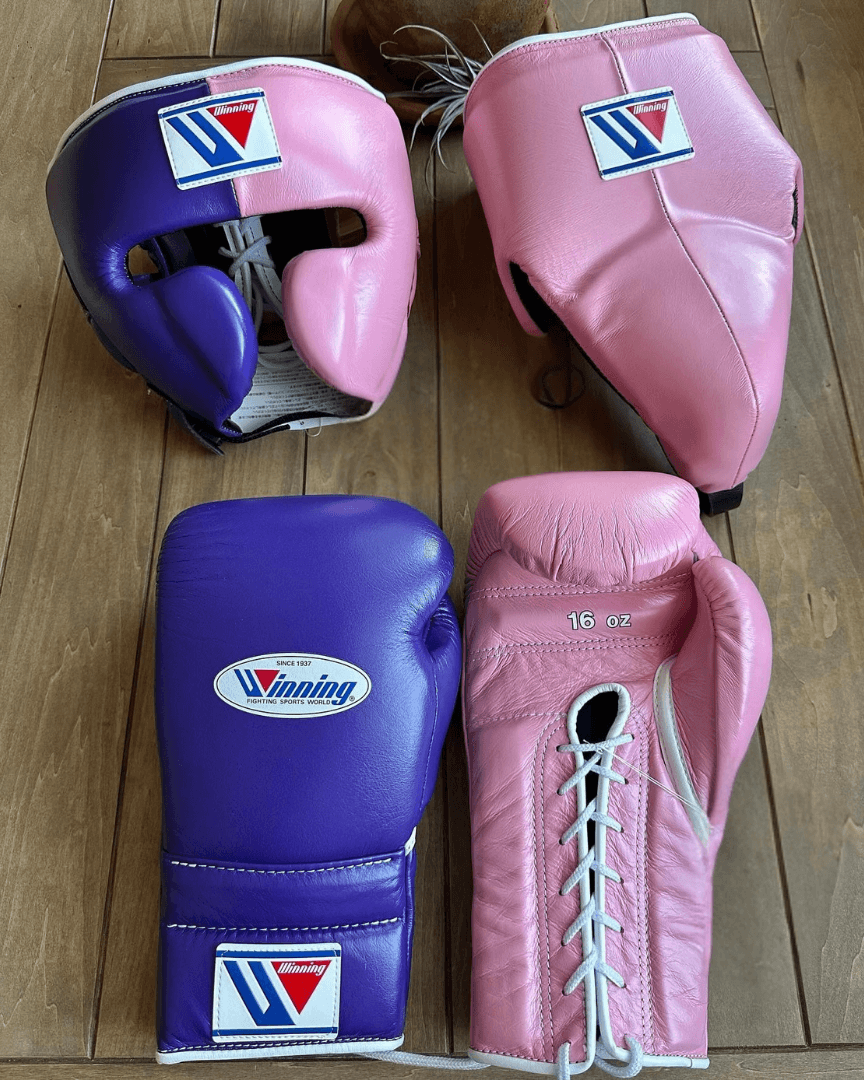 Winning Boxing Gloves Set Premium Professional Training Gear with Headguard and Groin Guard | Purple/Pink