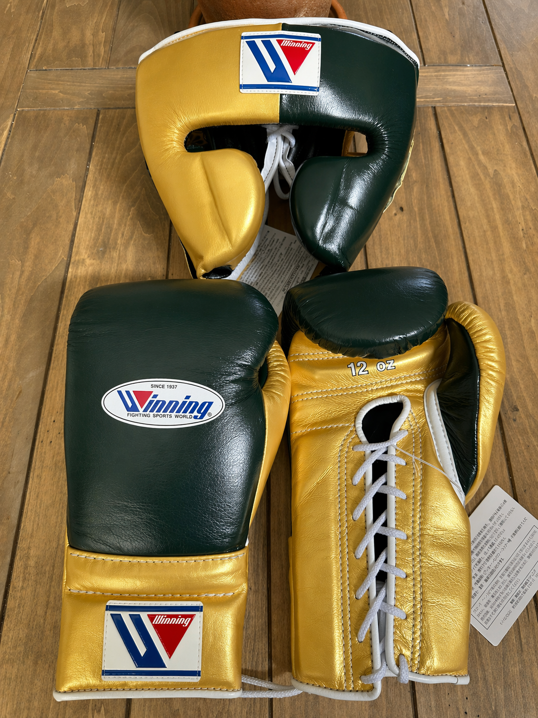 Winning Boxing Set High Performance Gloves Head Guard Groin Guard for Professional Fight Training | Green/Golden