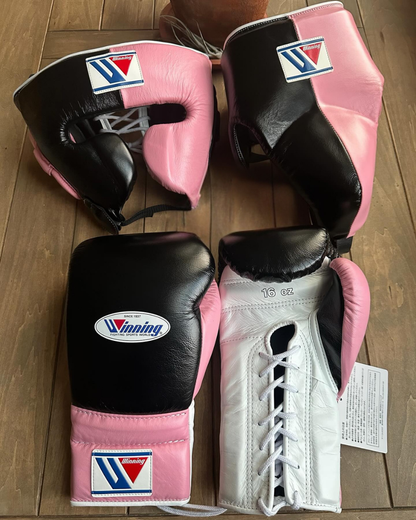 Winning Boxing Set Premium Professional Gloves Headgear & Groin Guard Training Gear Complete Fight Kit | Black/Pink/White