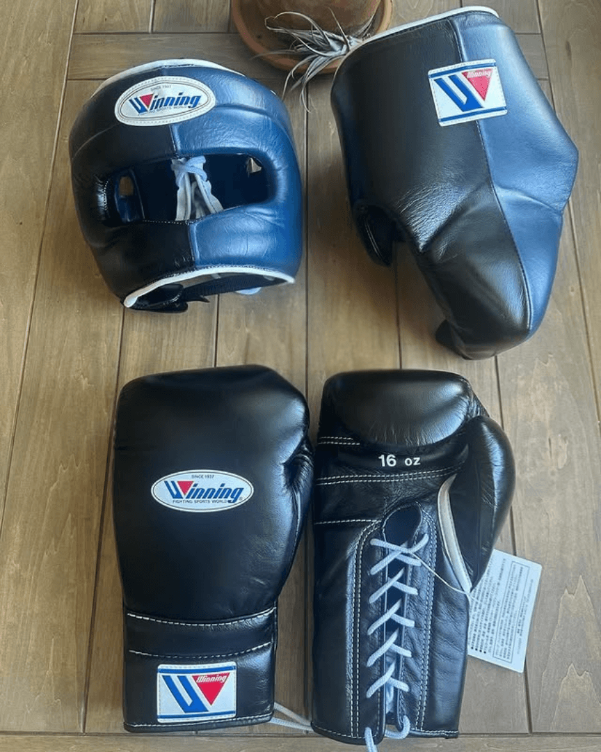 Winning Boxing Training Set Complete Fight Gear Bundle with Premium Gloves Headgear and Groin Guard | Black