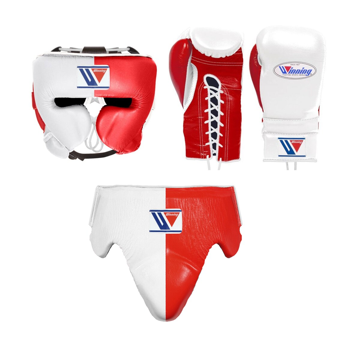 Winning Complete Boxing Set Premium Gloves Headgear Groin Guard and Essential Professional Training Gear | Red/White