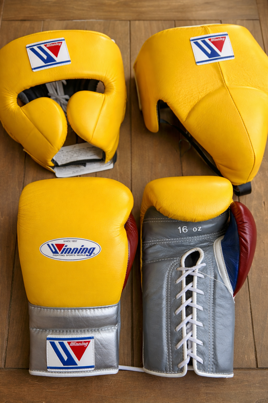 Winning Complete Boxing Training Equipment Set Premium Gloves Headguard Groin Guard for Sparring | Yellow/Grey/Red
