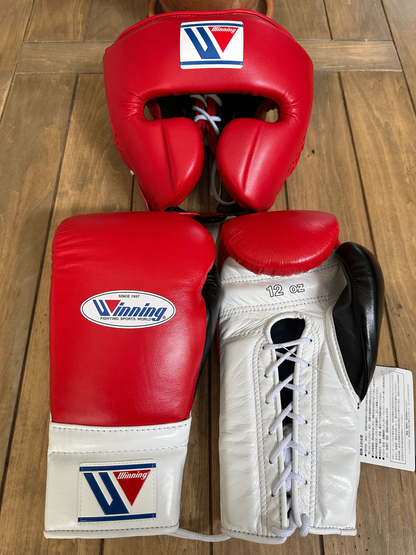 Winning Complete Professional Boxing Kit Gloves Headgear Groin Guard for Training Sparring and Fitness | Red/White/Black