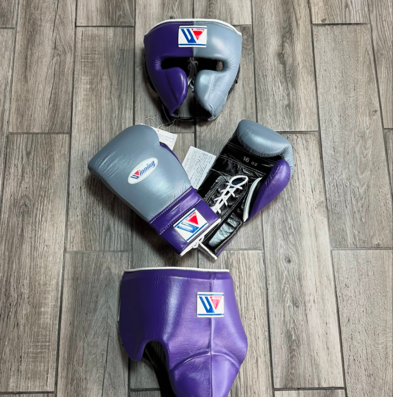 Winning Premium Professional Boxing Set Gloves Headgear Groin Guard for Sparring Training and Fitness | Purple/Black/Grey