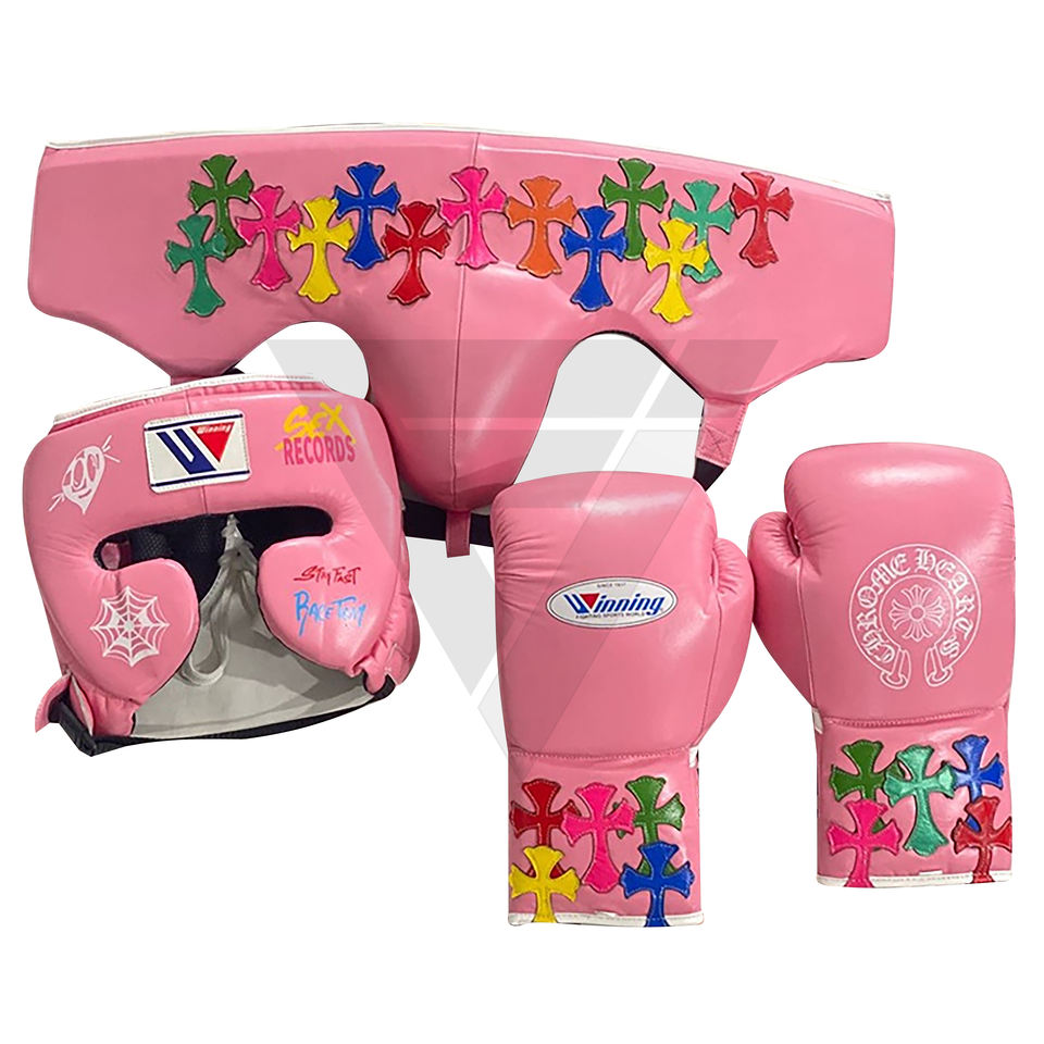 Winning Professional Boxing Set Premium Gloves Head Guard Groin Guard for Training Sparring and Fitness | Pink Chrome Hearts