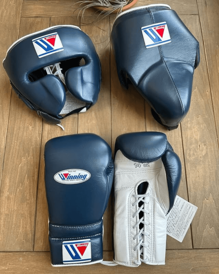 Winning Professional Fight Gear Set Boxing Gloves Headgear Groin Guard for Advanced Training and Sparring | Blue/White
