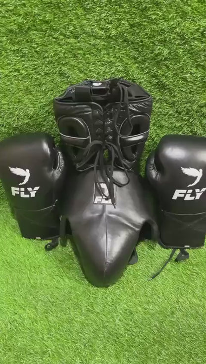 Genuine Cowhide Leather Fly Boxing Sparring Set: Gloves, Headguard, Groin Guards
