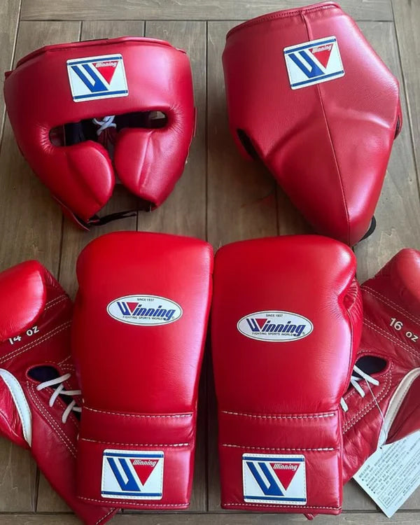 winning boxing set, boxing gloves, head guard, groin guard, worldwide shipping, red winning set